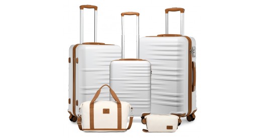 K2391L+S2366 - British Traveller 5 Piece Polypropylene and ABS Hard Shell Suitcase Set with Travel Tote and Cosmetic Pouch - Beige and Brown