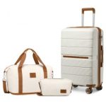 K2392L+S2366 – British Traveller 20 Inch Multi-Texture Polypropylene Cabin Size Suitcase 3 Piece Travel Set with Travel Tote and Cosmetic Pouch – Cream