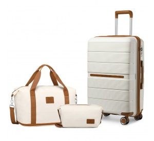 K2392L+S2366 - British Traveller 20 Inch Multi-Texture Polypropylene Cabin Size Suitcase 3 Piece Travel Set with Travel Tote and Cosmetic Pouch - Cream