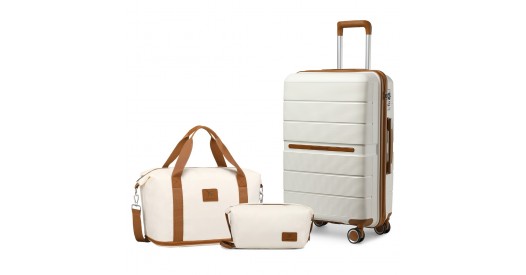 K2392L+S2366 - British Traveller 20 Inch Multi-Texture Polypropylene Cabin Size Suitcase 3 Piece Travel Set with Travel Tote and Cosmetic Pouch - Cream