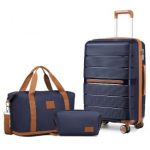K2392L+S2366 – British Traveller 20 Inch Multi-Texture Polypropylene Cabin Size Suitcase 3 Piece Travel Set with Travel Tote and Cosmetic Pouch – Navy