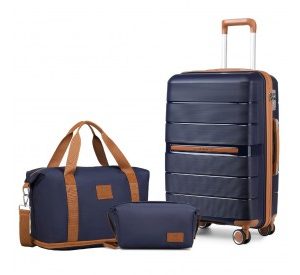 K2392L+S2366 - British Traveller 20 Inch Multi-Texture Polypropylene Cabin Size Suitcase 3 Piece Travel Set with Travel Tote and Cosmetic Pouch - Navy