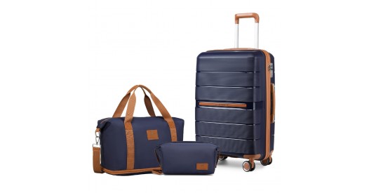 K2392L+S2366 - British Traveller 20 Inch Multi-Texture Polypropylene Cabin Size Suitcase 3 Piece Travel Set with Travel Tote and Cosmetic Pouch - Navy