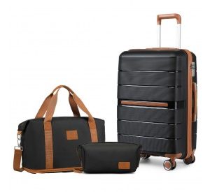 K2392L+S2366 - British Traveller 20 Inch Multi-Texture Polypropylene Cabin Size Suitcase 3 Piece Travel Set with Travel Tote and Cosmetic Pouch - Black