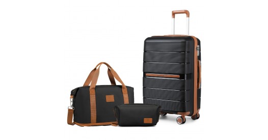 K2392L+S2366 - British Traveller 20 Inch Multi-Texture Polypropylene Cabin Size Suitcase 3 Piece Travel Set with Travel Tote and Cosmetic Pouch - Black
