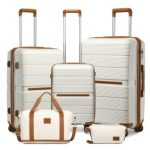 K2392L+S2366 – British Traveller 5 Piece Polypropylene Hard Shell Suitcase Set With Tote Bag and Cosmetic Pouch – Cream