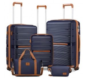 K2392L+S2366 - British Traveller 5 Piece Polypropylene Hard Shell Suitcase Set With Tote Bag and Cosmetic Pouch - Navy