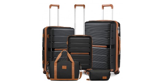 K2392L+S2366 - British Traveller 5 Piece Polypropylene Hard Shell Suitcase Set With Tote Bag and Cosmetic Pouch - Black