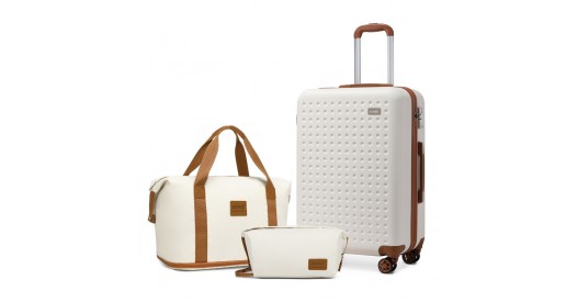 K2394L+EA2212 – Kono 20 Inch ABS Carry On Cabin Suitcase 3 Piece Travel Set with Weekend and Toiletry Bag – Cream