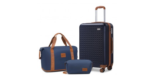 K2394L+EA2212 – Kono 20 Inch ABS Carry On Cabin Suitcase 3 Piece Travel Set with Weekend and Toiletry Bag – Navy