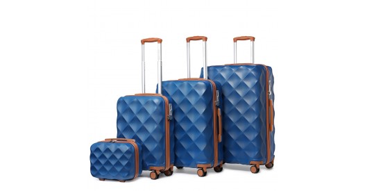 K2395L - British Traveller Ultralight ABS And Polycarbonate Bumpy Diamond 4 Pcs Luggage Set With TSA Lock - Navy And Brown