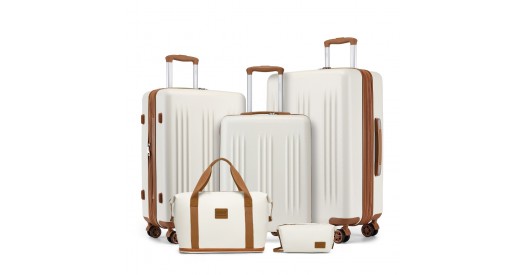 KSK2483+EA2212 - Kono 5 Piece Luggage Set 20/24/28 Inch Sleek Striped Expandable ABS+PC Suitcase With Travel Bag Set - Cream And Brown