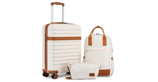 KSK2484+EQ2401 – Kono 20 Inch Stylish Hard Shell ABS+PC Cabin Suitcase Included Multi-Compartment Backpack with Small Pouch 3 Piece Travel Set – Cream And Brown