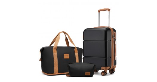KSK2485+EA2212 – Kono 20 Inch Premium ABS Cabin Carry-On Suitcase Set With Weekend Bag And Toiletry Bag – Black And Brown