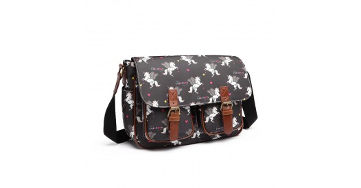 L1107 UN - Miss Lulu Matte Oilcloth Unicorn Satchel - Black