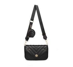 LB2138 - Miss Lulu V-quilted Flap Leather Shoulder Bag - Black