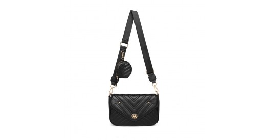LB2138 - Miss Lulu V-quilted Flap Leather Shoulder Bag - Black