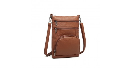 LB6927 - Miss Lulu Multi Pocket Leather Look RFID-Blocking Cross Body Bag - Brown