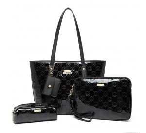 LD2217 - Miss Lulu 4 Pieces Glossy Leather Tote Bag Set - Black
