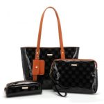 LD2217 – Miss Lulu 4 Pieces Glossy Leather Tote Bag Set – Black And Brown