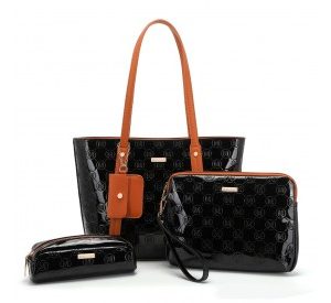 LD2217 - Miss Lulu 4 Pieces Glossy Leather Tote Bag Set - Black And Brown