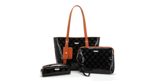 LD2217 - Miss Lulu 4 Pieces Glossy Leather Tote Bag Set - Black And Brown