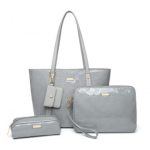 LD2217 – Miss Lulu 4 Pieces Glossy Leather Tote Bag Set – Grey