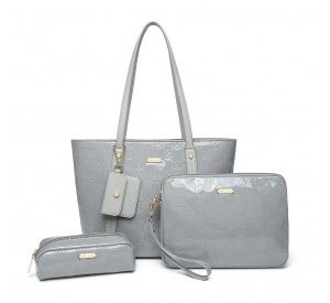 LD2217 - Miss Lulu 4 Pieces Glossy Leather Tote Bag Set - Grey