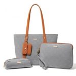 LD2217 – Miss Lulu 4 Pieces Glossy Leather Tote Bag Set – Grey And Brown