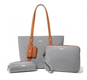 LD2217 - Miss Lulu 4 Pieces Glossy Leather Tote Bag Set - Grey And Brown