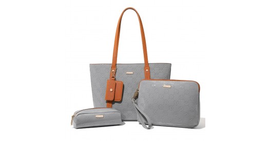 LD2217 - Miss Lulu 4 Pieces Glossy Leather Tote Bag Set - Grey And Brown