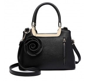 LG1847 - MISS LULU PU LEATHER ROSE HANGING ORNAMENT HANDBAG - BLACK
