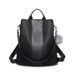LG1903 – Miss Lulu Two Way Backpack Shoulder Bag with Pom Pom Pendant – Black