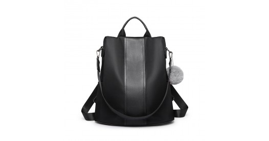 LG1903 - Miss Lulu Two Way Backpack Shoulder Bag with Pom Pom Pendant - Black