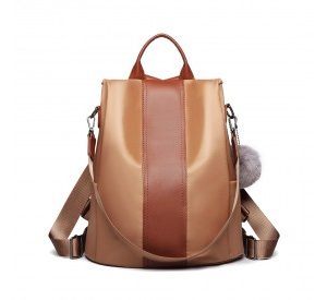 LG1903 - Miss Lulu Two Way Backpack Shoulder Bag with Pom Pom Pendant - Brown