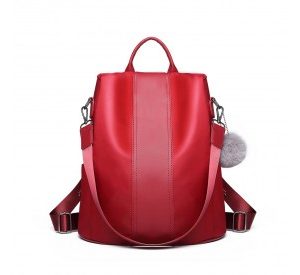 LG1903 - Miss Lulu Two Way Backpack Shoulder Bag with Pom Pom Pendant - Red