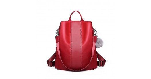 LG1903 - Miss Lulu Two Way Backpack Shoulder Bag with Pom Pom Pendant - Red