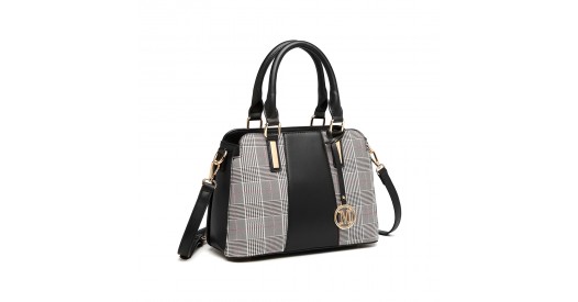 LG2001 - Miss Lulu Gingham Plaid Panel Shoulder Bag - Black
