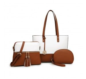 LG2023 - Miss Lulu 3 Piece Leather Look Tote Bag Set - Beige And Brown