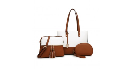 LG2023 - Miss Lulu 3 Piece Leather Look Tote Bag Set - Beige And Brown
