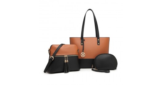 LG2023 - Miss Lulu 3 Piece Leather Look Tote Bag Set - Black And Brown