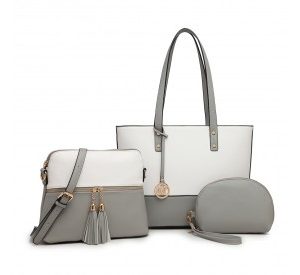 LG2023 - Miss Lulu 3 Piece Leather Look Tote Bag Set - Grey And White