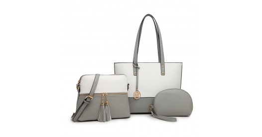 LG2023 - Miss Lulu 3 Piece Leather Look Tote Bag Set - Grey And White