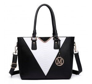 LG6632 - Miss Lulu Leather Look V-Shape Multicolour Tote Bag - Black