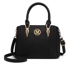 LG6865 - Miss Lulu Leather Look Weave Effect Shoulder Bag - Black