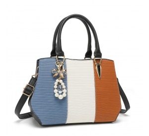 LG6866 - Miss Lulu Leather Look Colour Block Bow Pendant Handbag - Blue And Brown