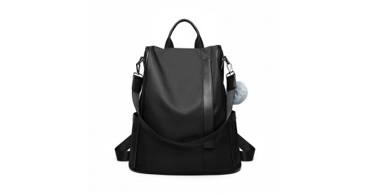 LG6917 - Miss Lulu Two Way Anti-theft Backpack with Pom Pom Pendant - Black