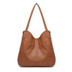 LH2230 – Miss Lulu Soft Leather Multiple Pocket Tote Shoulder Bag – Brown