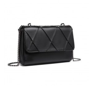 LH2253 - Miss Lulu Rhombus Flap Chain Shoulder Bag - Black
