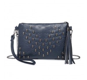 LH2412 - Miss Lulu Soft PU Ultra-Lightweight Clutch Bag with Skull Embossing Tassel Detail and Long Chain Shoulder Strap - Navy